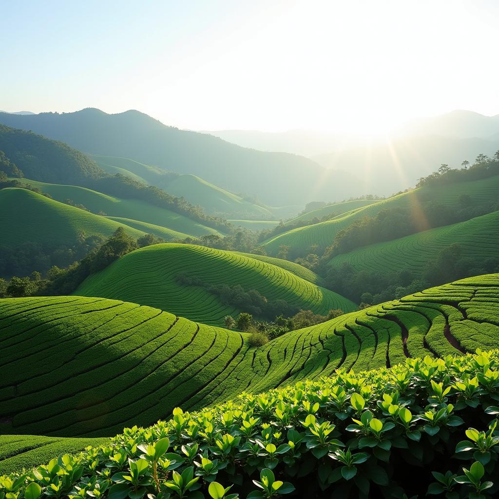 Toàn cảnh những đồi chè xanh mướt trải dài tại xã An Khánh, huyện Đại Từ, tỉnh Thái Nguyên vào một buổi sáng trong lành