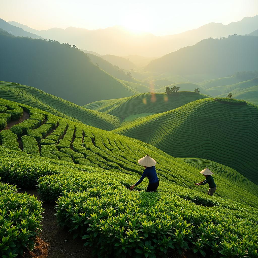 Toàn cảnh những đồi chè xanh mướt trải dài tại xã Dân Tiến, tỉnh Thái Nguyên, một điểm đến yên bình và thơ mộng