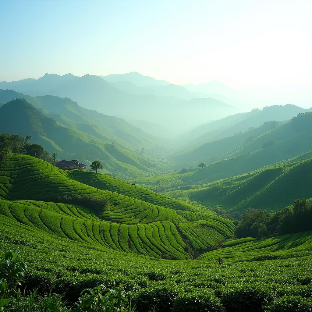 Toàn cảnh đồi chè xanh mướt trải dài vô tận tại xã Thanh Mai, Tỉnh Thái Nguyên