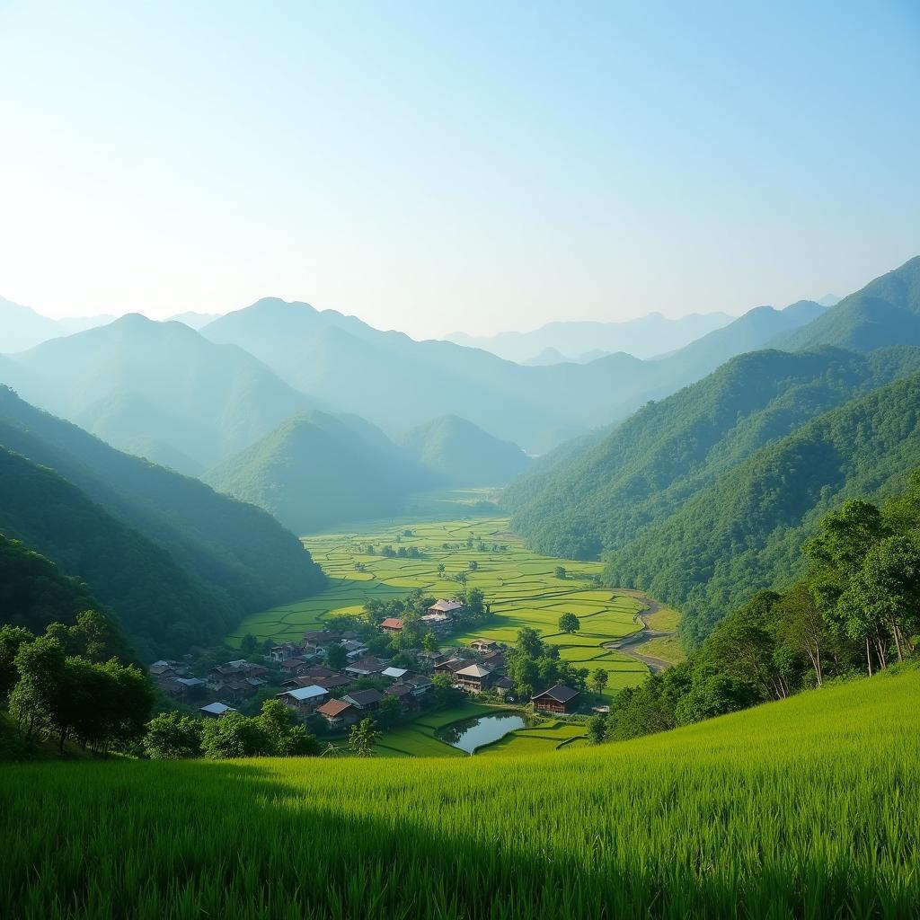 Cảnh quan đồi núi và làng quê yên bình tại Xã Tân An, Tỉnh Tuyên Quang với những nếp nhà truyền thống.