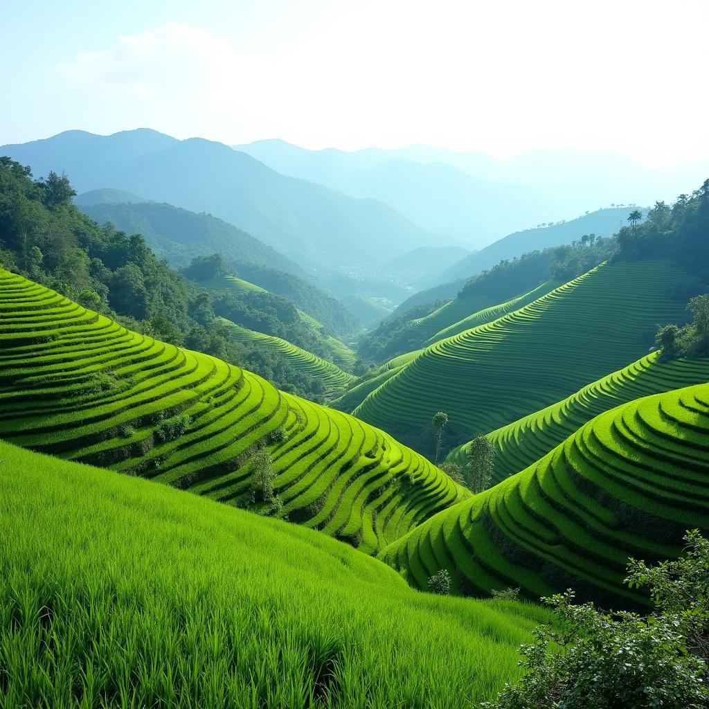 Cảnh quan yên bình Xã Ngân Sơn, Thái Nguyên với đồi núi, ruộng lúa, nương chè xanh mướt.