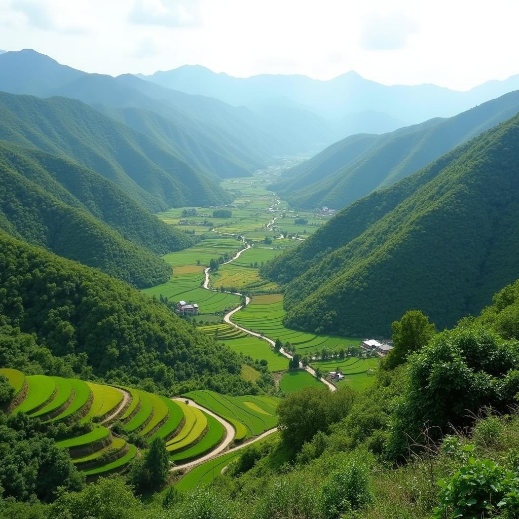 Cảnh quan đồi núi và thung lũng xanh mướt tại Xã Thái Sơn, Tuyên Quang.