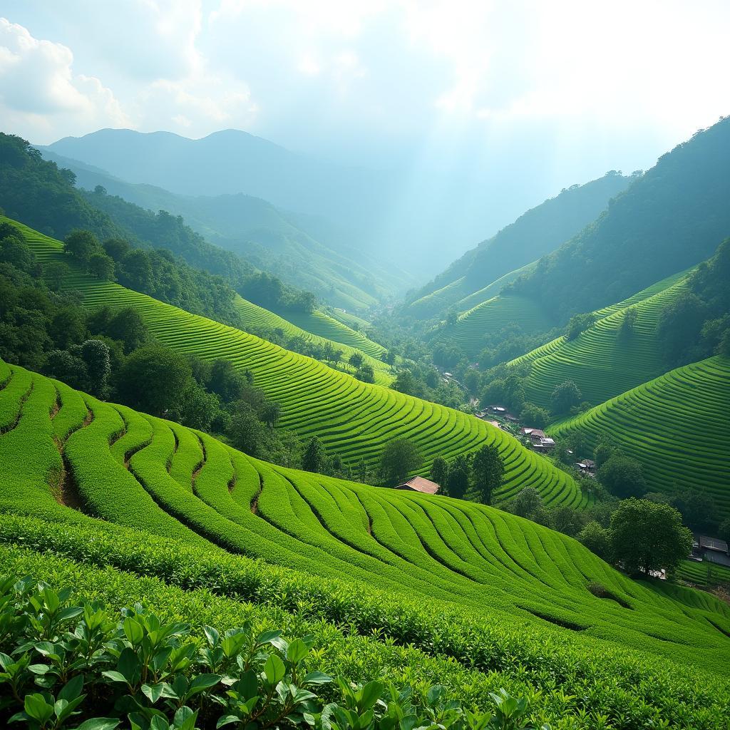 Cảnh quan đồi núi, thung lũng và nương chè xanh mướt tại Xã Yên Nguyên, Tuyên Quang.