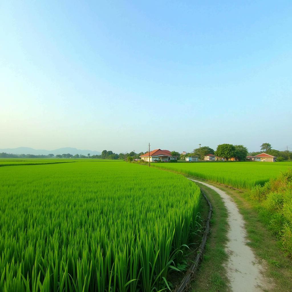 Khung cảnh đồng quê thanh bình và yên ả tại huyện Vũ Thư, tỉnh Hưng Yên với những cánh đồng lúa xanh mướt.