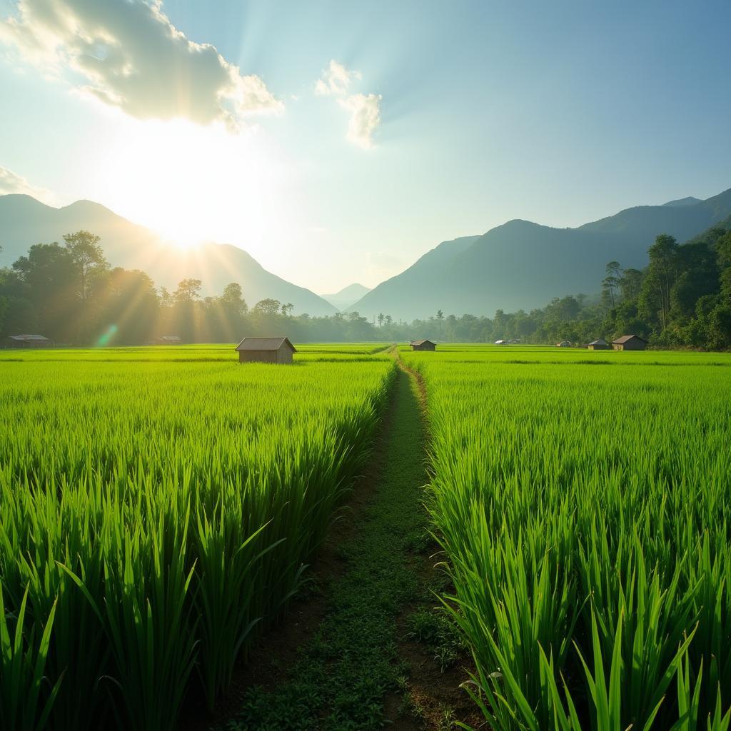 Toàn cảnh cánh đồng lúa xanh mướt và thanh bình tại xã Tam Nông, tỉnh Phú Thọ dưới ánh nắng ban mai rực rỡ