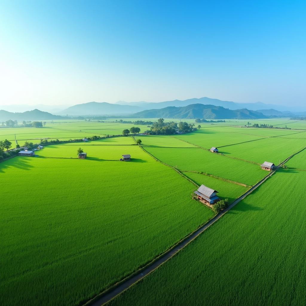 Toàn cảnh cánh đồng lúa xanh mướt và yên bình tại xã Cao Phong, tỉnh Phú Thọ, một góc nhìn từ trên cao.