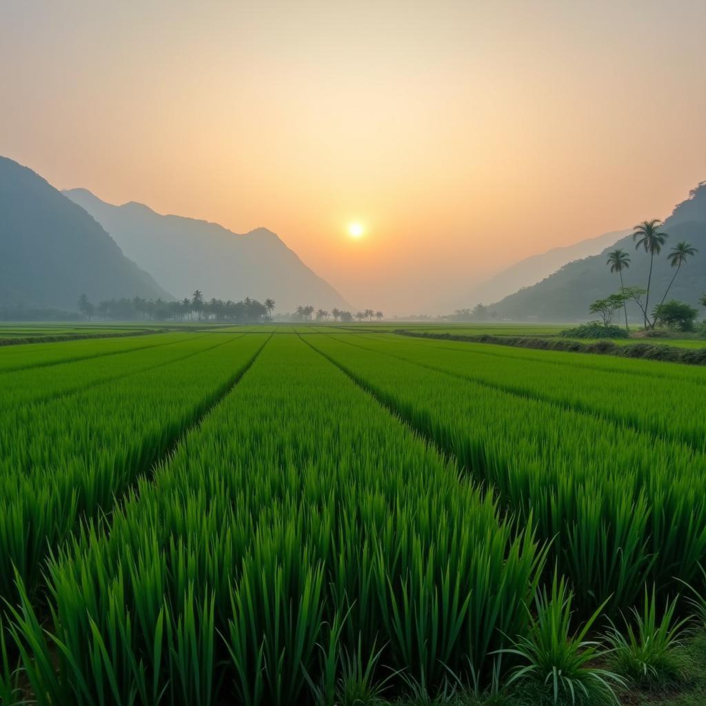 Khung cảnh đồng lúa xanh mướt và yên bình tại xã Liên Hòa, tỉnh Phú Thọ vào một buổi sớm mai