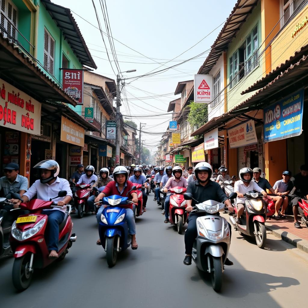 Hình ảnh toàn cảnh đường phố nhộn nhịp tại Phường Đông Hòa Dĩ An với nhiều cửa hàng và xe cộ