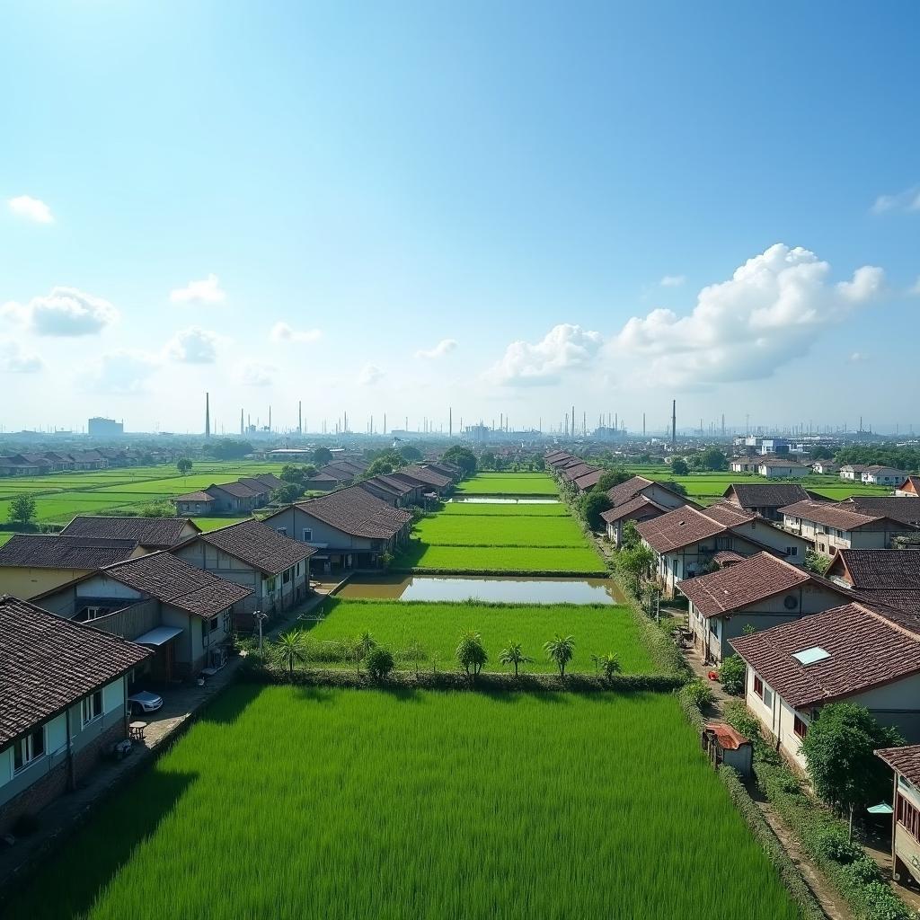 Toàn cảnh sự giao thoa giữa khu công nghiệp và làng quê truyền thống tại Đại Đồng, tỉnh Hưng Yên.