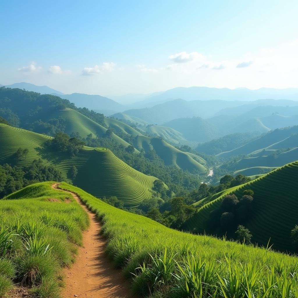 Khung cảnh thiên nhiên hoang sơ, yên bình tại xã Sa Lý, tỉnh Bắc Ninh với những ngọn đồi xanh mướt và con đường đất nhỏ