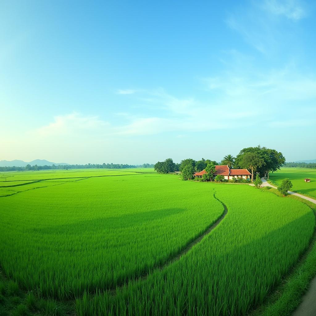 Toàn cảnh làng quê xã Ái Quốc, Hưng Yên với những cánh đồng lúa xanh mướt và con đường làng thanh bình.