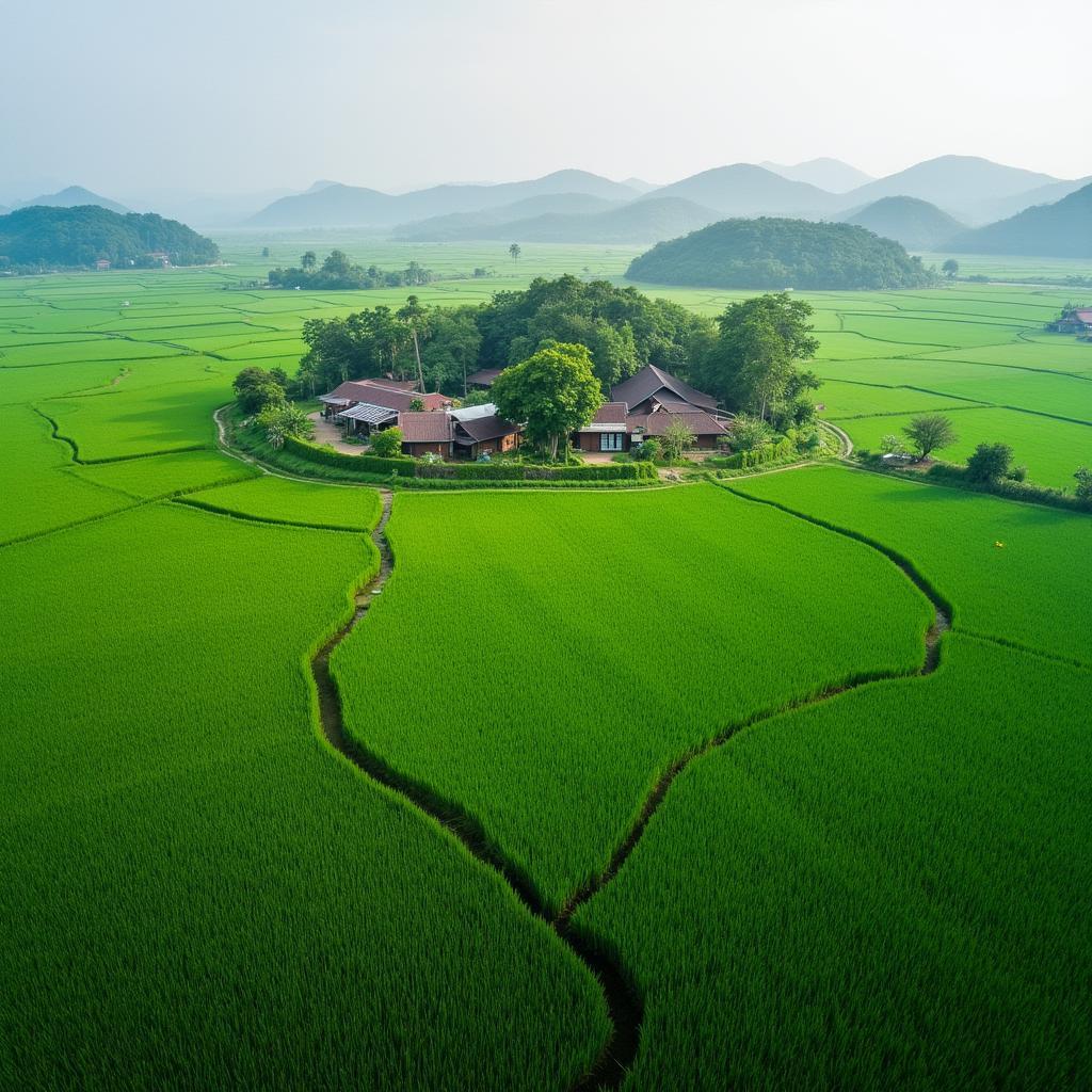 Toàn cảnh cánh đồng lúa và cây xanh tại xã Bình An, tỉnh Hà Nam thể hiện sự thanh bình của vùng quê