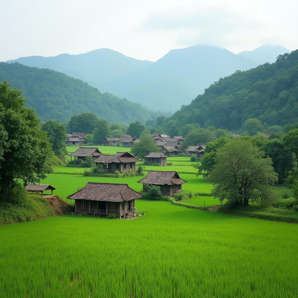 Khung cảnh làng quê yên bình tại Xã Đạo Viện, Tỉnh Tuyên Quang với những nếp nhà truyền thống và cây xanh