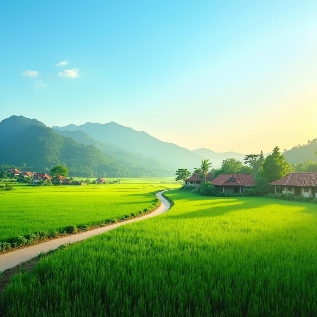 Toàn cảnh làng quê Hiệp Cường, Hưng Yên yên bình với cánh đồng lúa xanh mướt và con đường làng quanh co.
