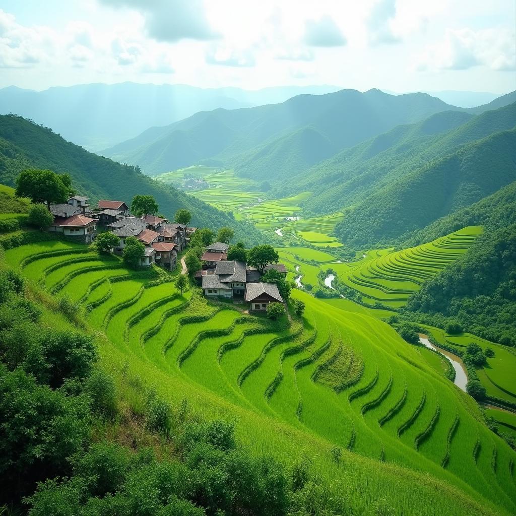 Hình ảnh làng quê yên bình tại Xã Phú Đình, Tỉnh Thái Nguyên với núi đồi và cây xanh