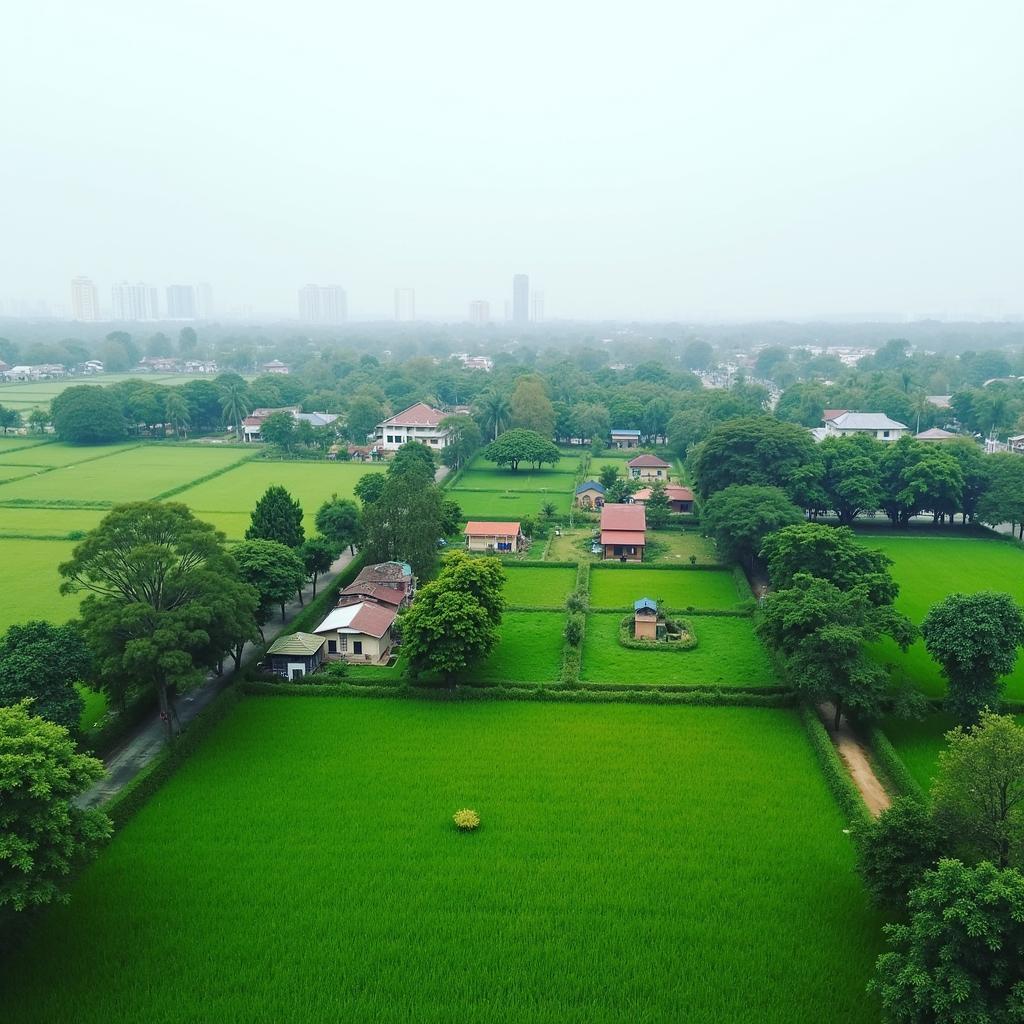 Canh quan lang que binh yen tai Xa Phuc Thinh voi su ket hop giua cay xanh va nha dan