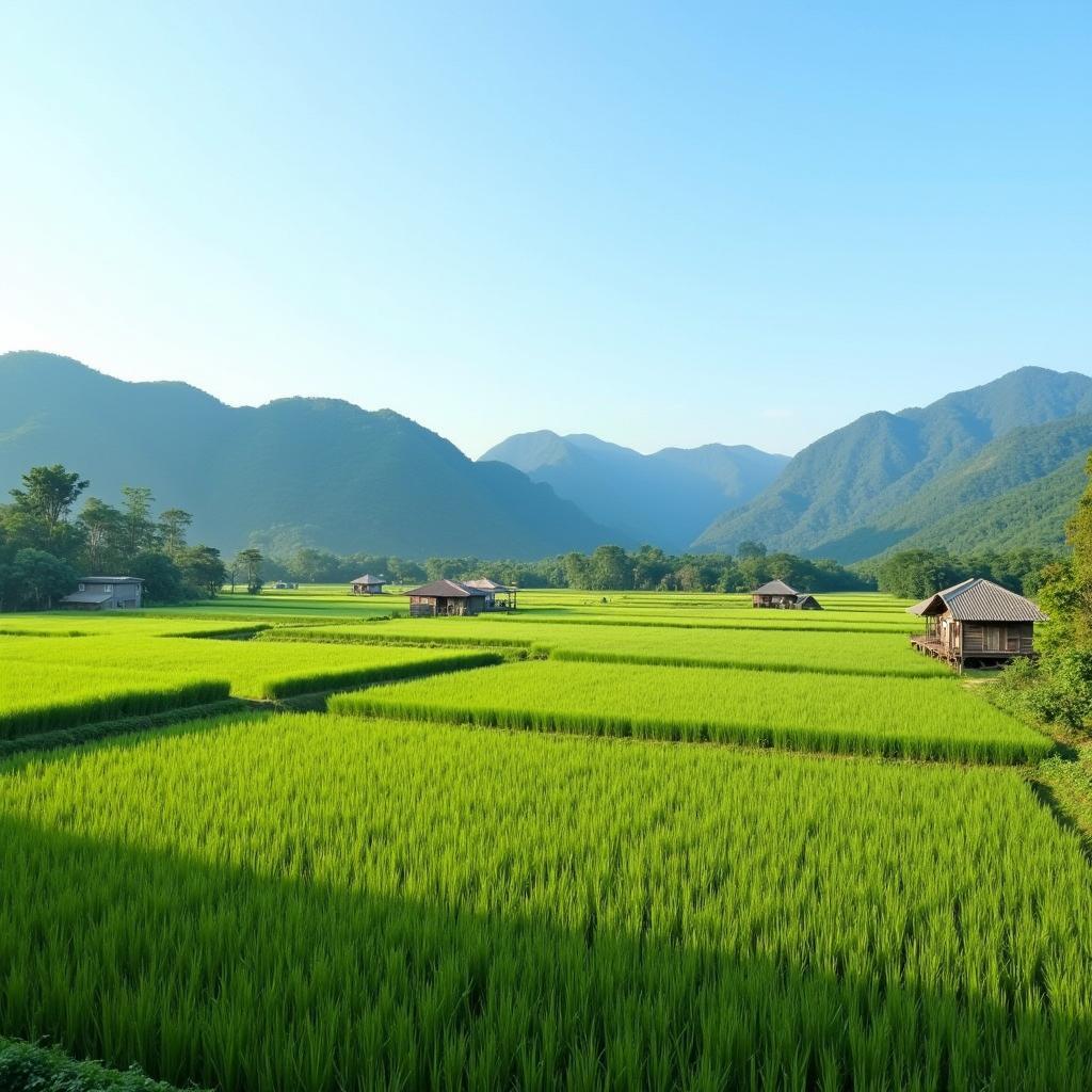 Khung cảnh yên bình của cánh đồng và núi đồi tại Xã Bạch Xã, Tỉnh Tuyên Quang