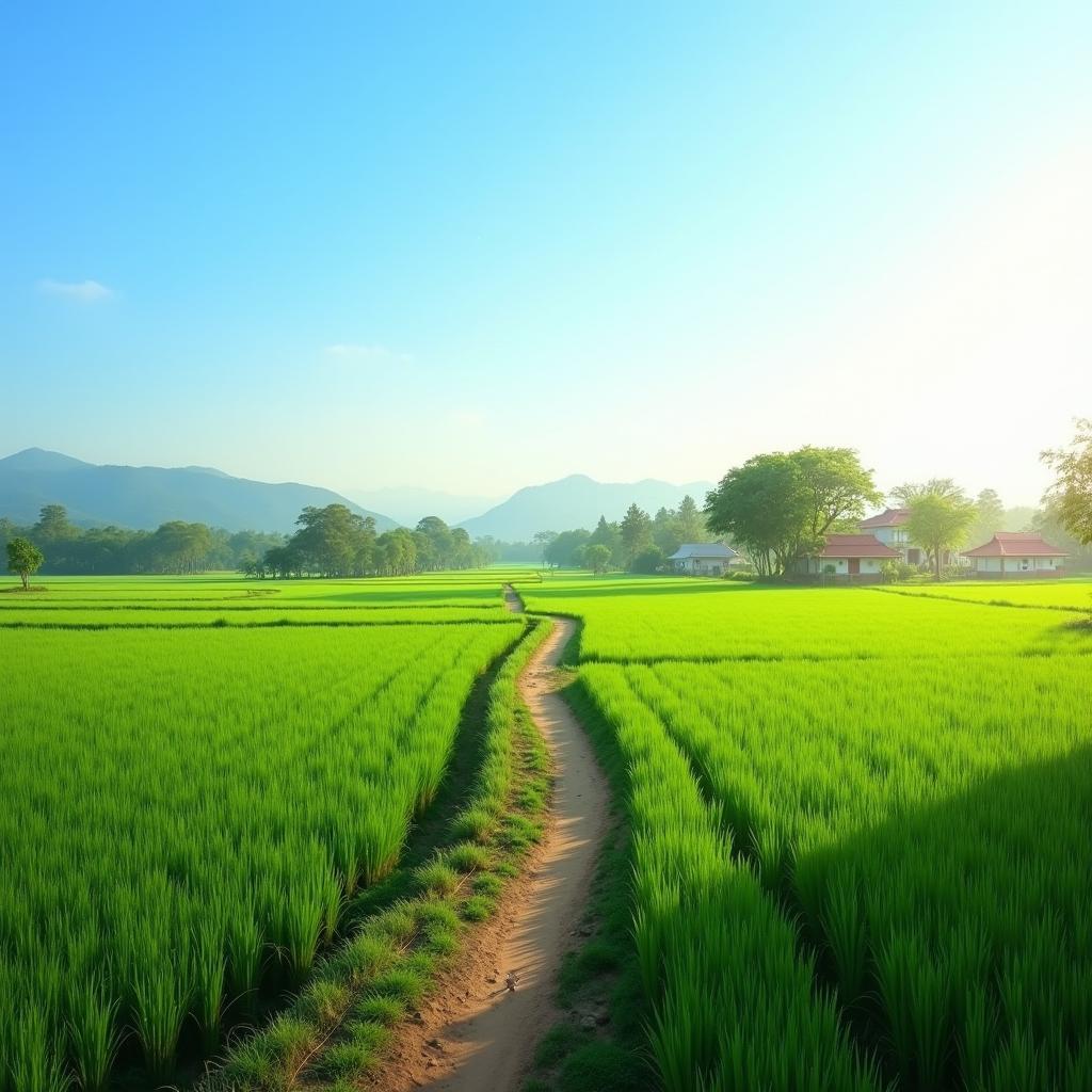 Bức tranh làng quê Xã Hiền Lương, Phú Thọ bình yên với cánh đồng lúa xanh và mái ngói đỏ.