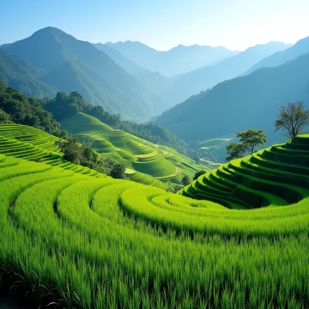 Ruộng bậc thang xanh mướt và núi non hùng vĩ tạo nên cảnh quan đặc trưng của Xã Minh Lương, Tỉnh Lào Cai