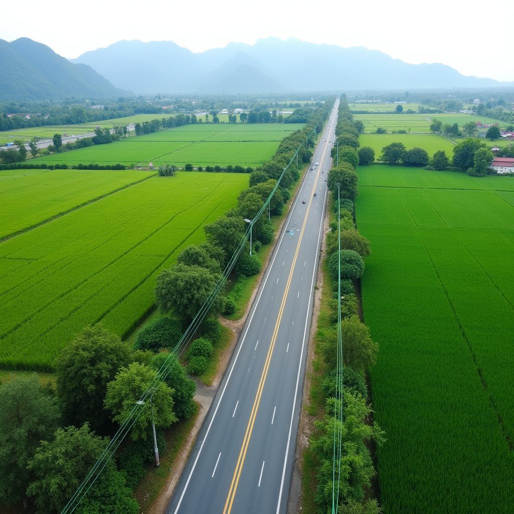Toàn cảnh xã Long Hưng, tỉnh Hưng Yên với những con đường bê tông hóa và cánh đồng lúa xanh mướt