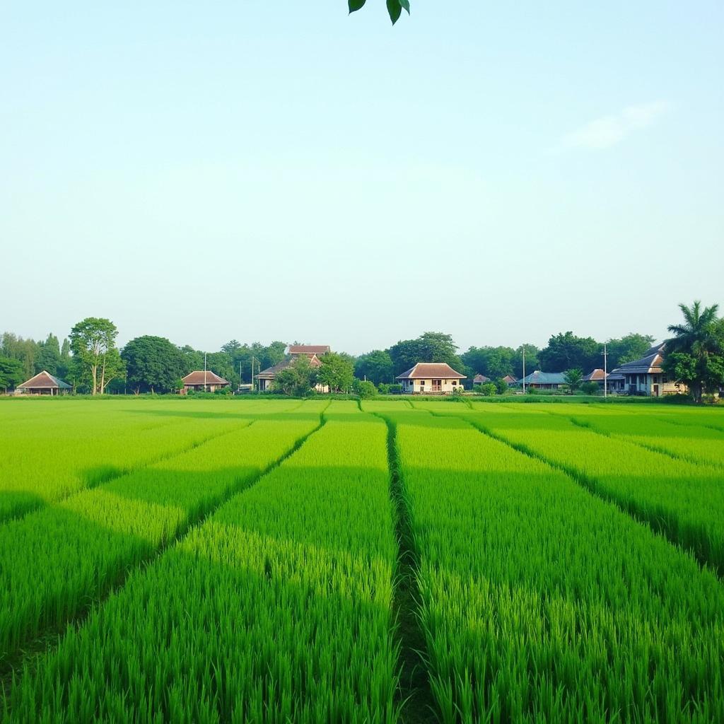 Cảnh quan nông thôn Xã Tam Hưng Thanh Oai với đồng lúa xanh và nhà dân.