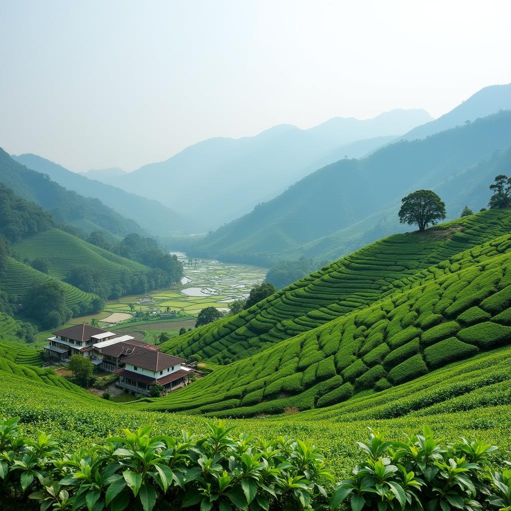 Khung cảnh nông thôn yên bình tại Xã Thái Bình với đồi chè và ruộng lúa