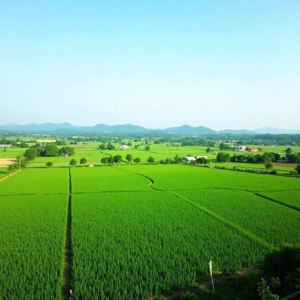 Khung cảnh làng quê yên bình tại xã Dân Chủ, tỉnh Phú Thọ với những cánh đồng lúa xanh mướt