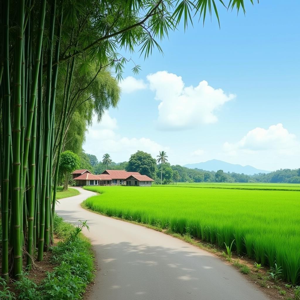 Khung cảnh làng quê Bắc Bộ yên bình tại Tiên Hoa, Hưng Yên với con đường làng và cánh đồng lúa xanh