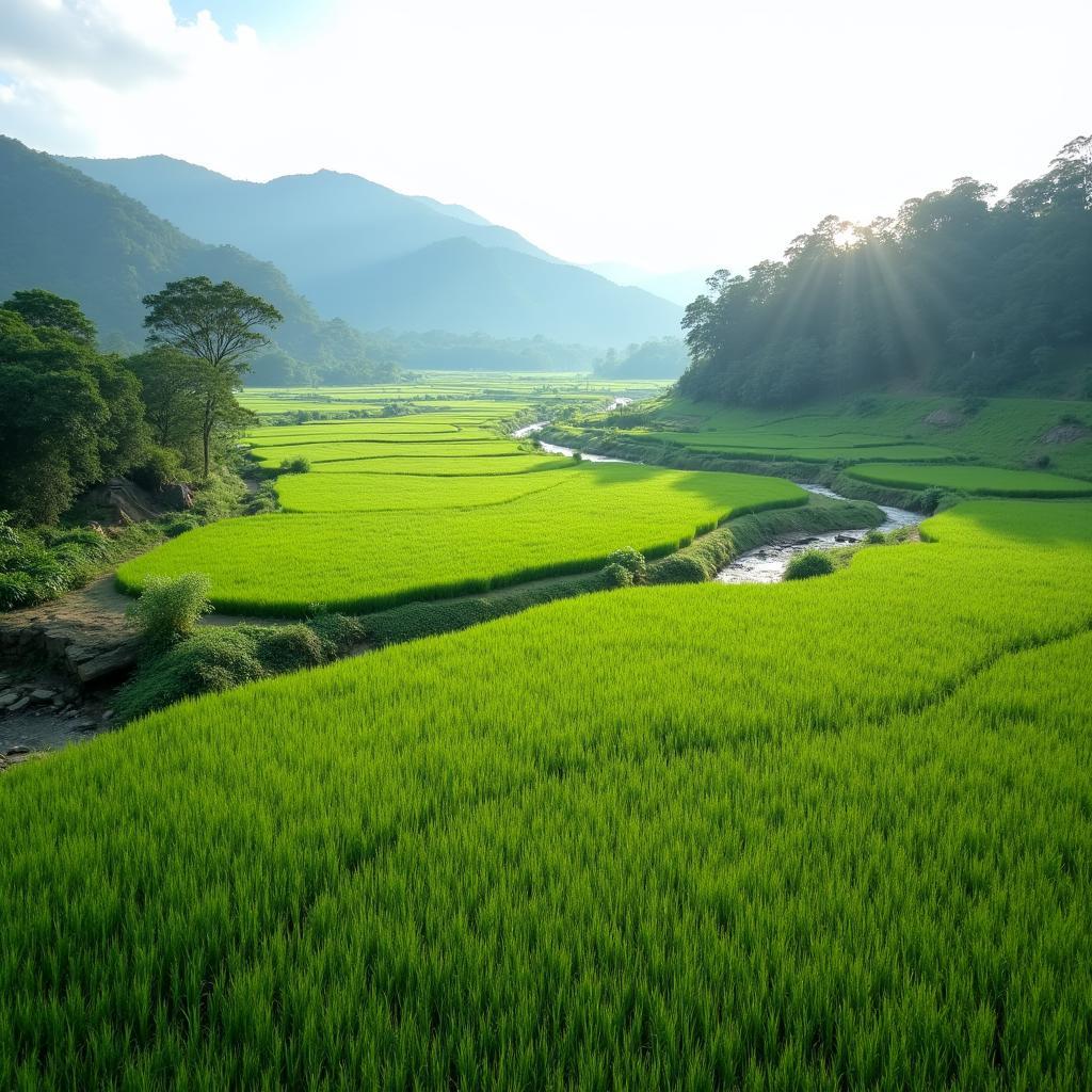 Toan canh canh dong lua va doi nui tai xa Yen Phu, huyen Chiêm Hoá, tinh Tuyen Quang