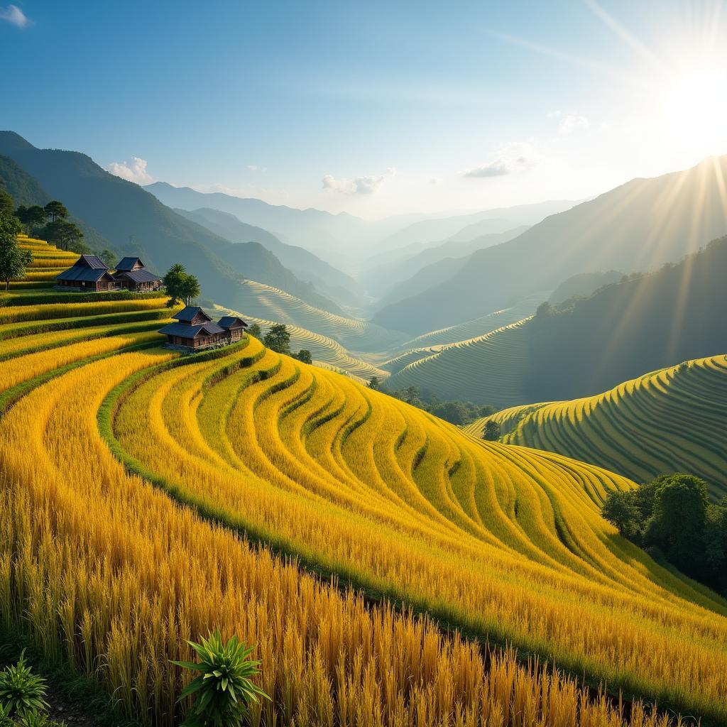 Toàn cảnh ruộng bậc thang uốn lượn hùng vĩ tại Xã Bạch Đích, Tuyên Quang vào mùa lúa chín vàng.