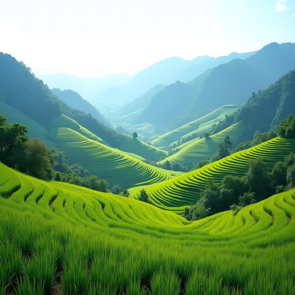 Canh quan tuyet dep voi ruong bac thang xanh muot va day nui hung vi o Hung Khanh Lao Cai