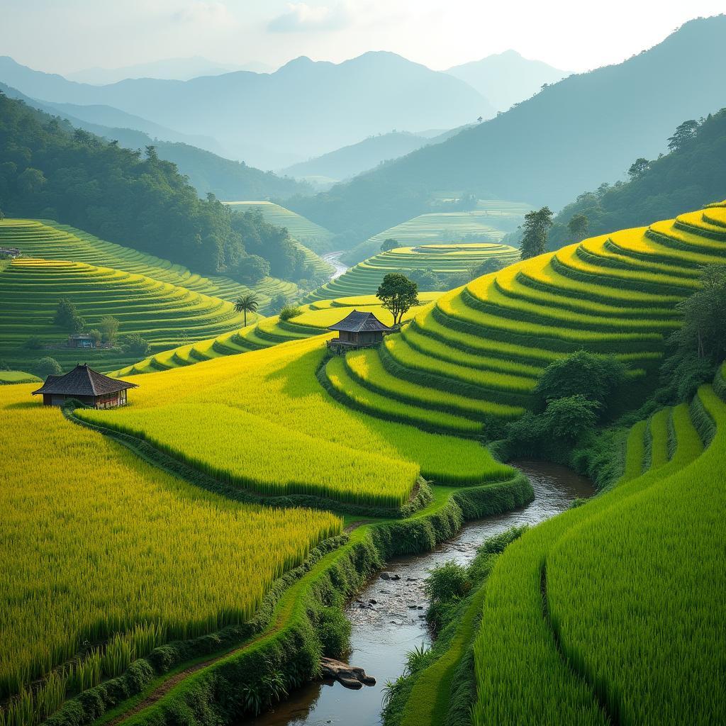 Canh quan Hong Son Tuyen Quang voi ruong bac thang mua lua vang va mai nha san co kinh