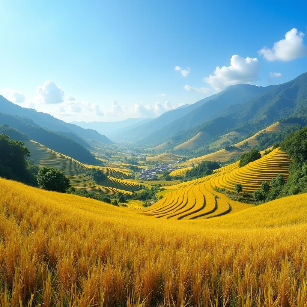 Toàn cảnh bức tranh thiên nhiên tuyệt đẹp của xã Lam Vỹ, Định Hóa, Thái Nguyên vào mùa lúa chín vàng rực rỡ.