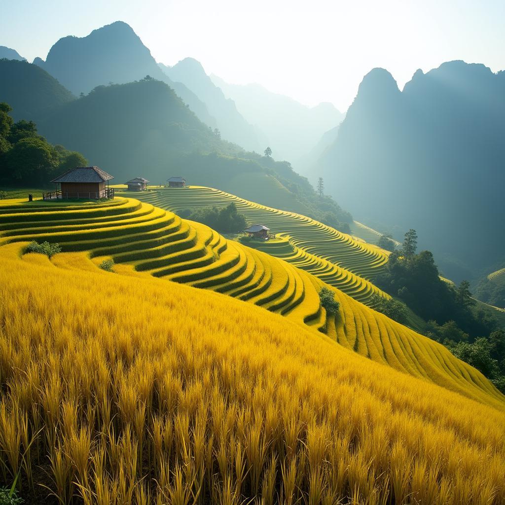 Toàn cảnh ruộng bậc thang xã Vân Sơn, Phú Thọ mùa lúa chín vàng óng ả tuyệt đẹp.