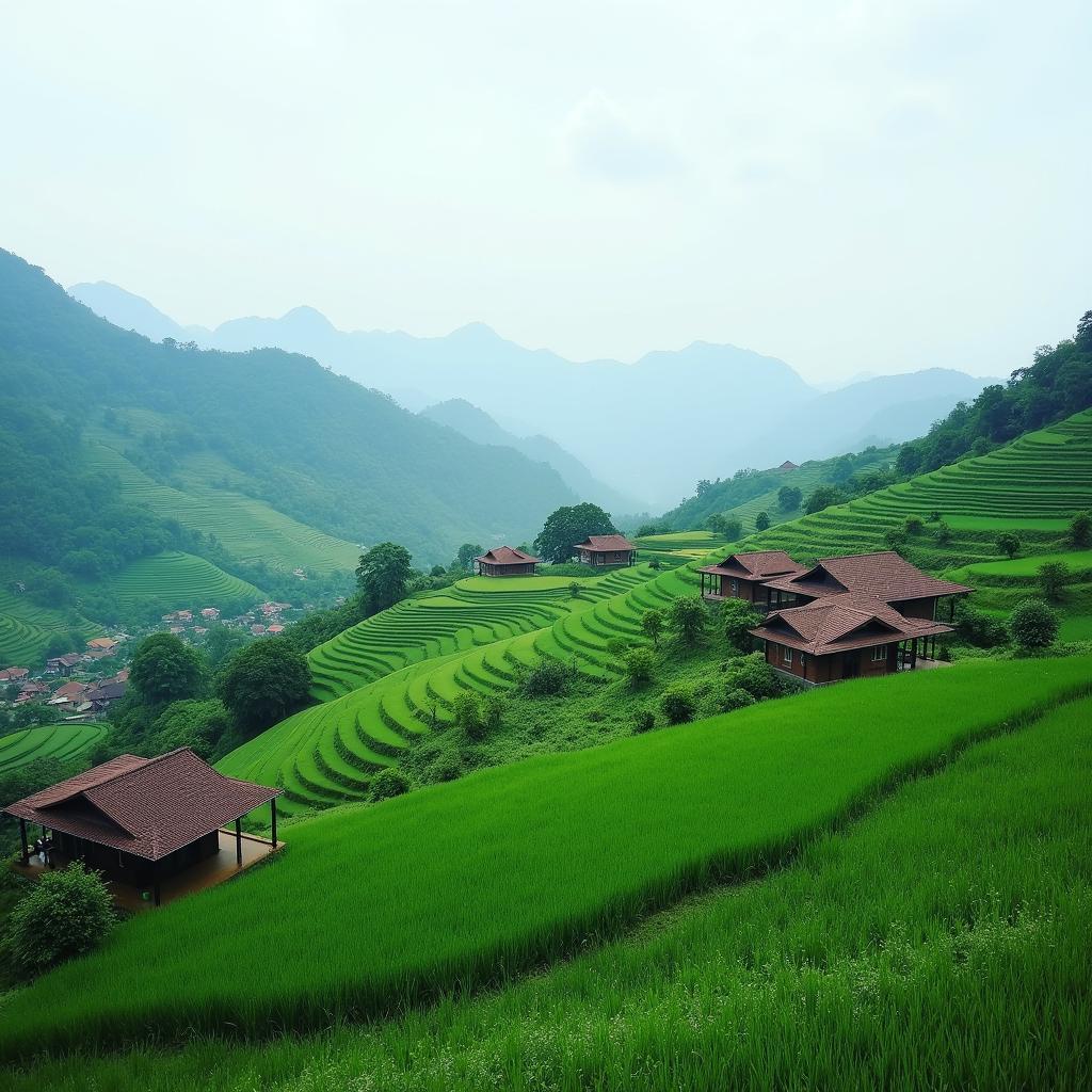 Cảnh quan đồi núi và thung lũng yên bình tại Xã Tân Trịnh, Tỉnh Tuyên Quang với những cánh đồng xanh mướt.