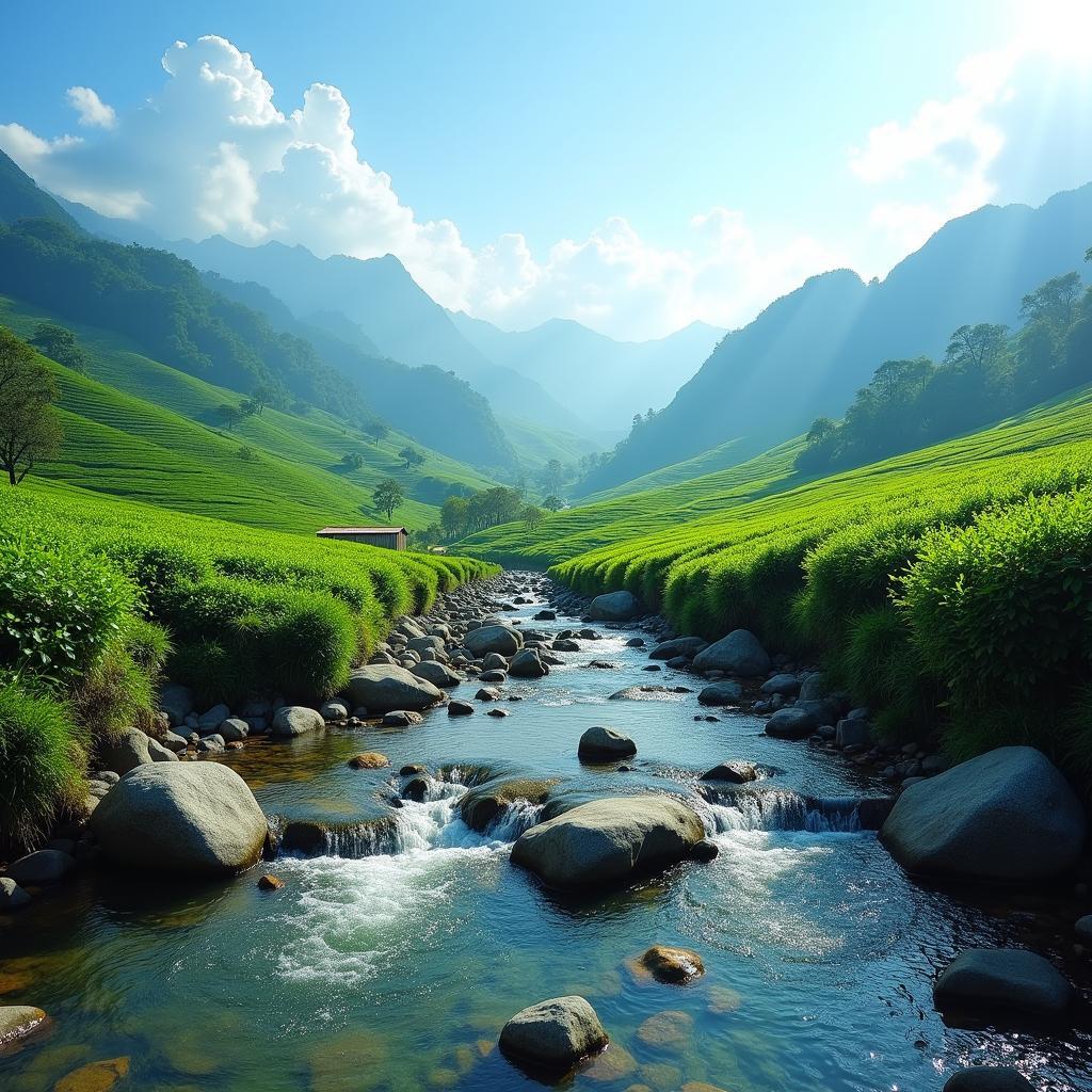 Khung cảnh thiên nhiên hoang sơ hùng vĩ tại Xã Văn Lăng, Đồng Hỷ với suối Kẹm trong vắt và đồi chè xanh mướt.