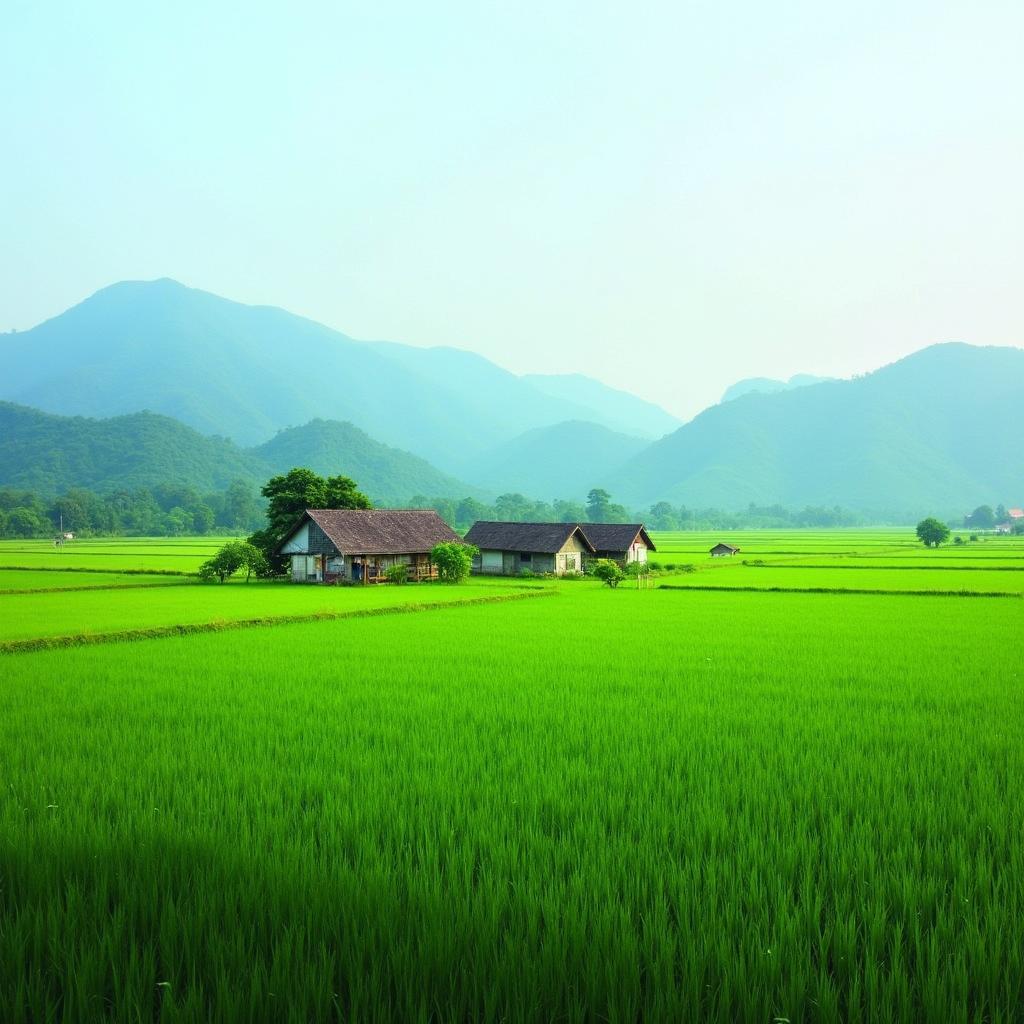 Cảnh quan thiên nhiên tươi đẹp Xã Phúc Thịnh, Tuyên Quang: đồng ruộng xanh, nhà truyền thống.