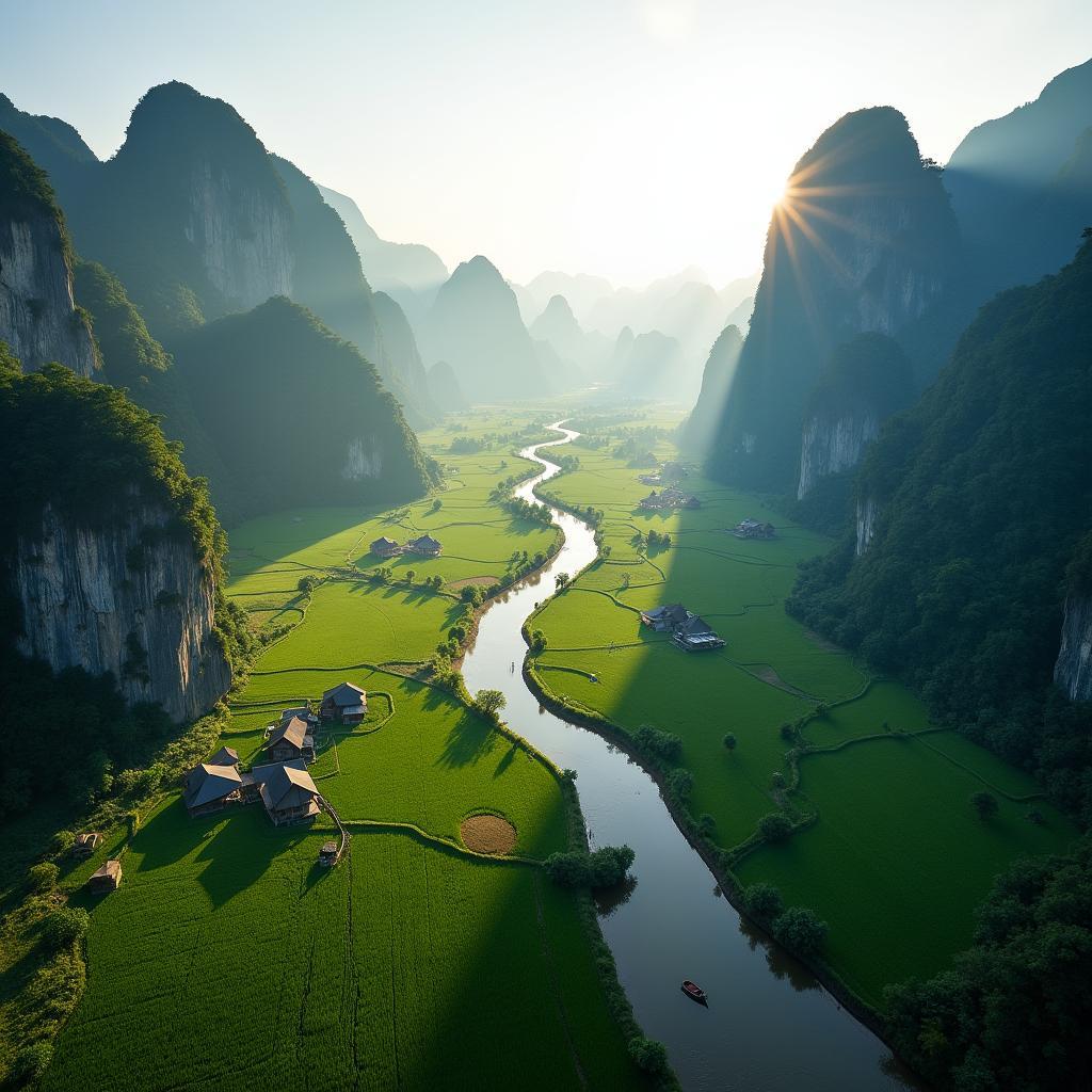 Toàn cảnh Xã Bạch Ngọc, Tỉnh Tuyên Quang với những thung lũng xanh mướt và những nếp nhà sàn truyền thống ẩn mình dưới chân núi.