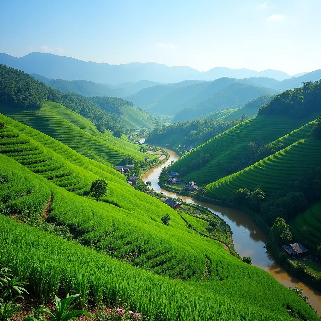 Khung cảnh thiên nhiên xanh mát và bình yên tại Xã Cường Lợi, tỉnh Thái Nguyên, một điểm đến lý tưởng cho du lịch sinh thái.
