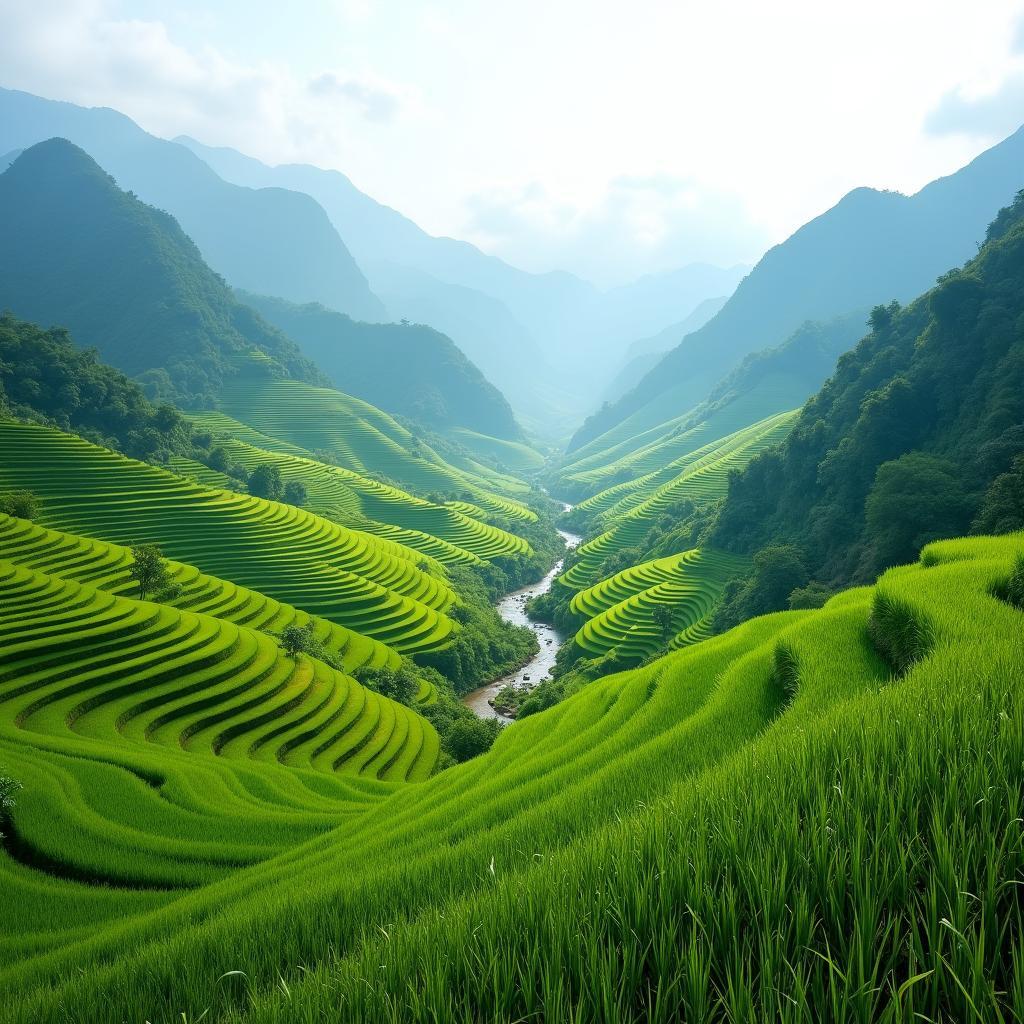 Bức tranh thiên nhiên hùng vĩ tại Xã Hợp Thành, Tỉnh Lào Cai với ruộng bậc thang và núi non xanh mướt.