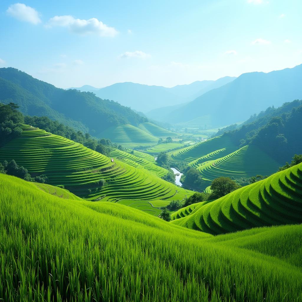Toàn cảnh vẻ đẹp hoang sơ của xã Lũng Cú, tỉnh Tuyên Quang với những thửa ruộng bậc thang và núi non trùng điệp.