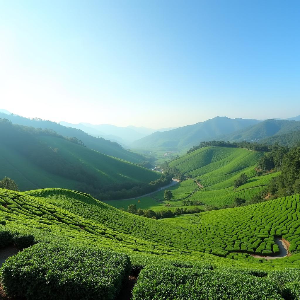 Phong cảnh thiên nhiên yên bình và trong lành tại xã Phú Lạc tỉnh Thái Nguyên với đồi chè xanh mướt