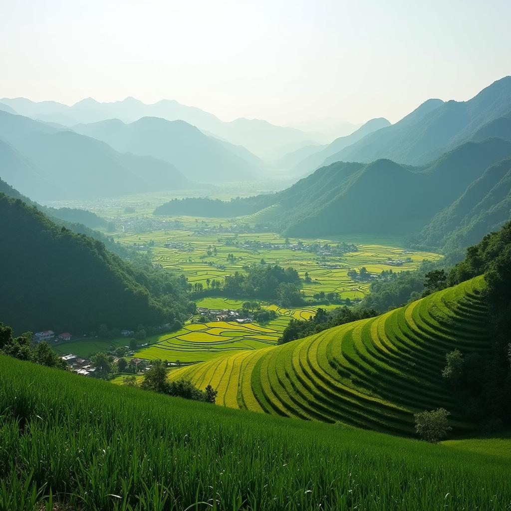 Toàn cảnh vẻ đẹp bình yên của xã Tề Lỗ, tỉnh Phú Thọ với núi đồi và ruộng bậc thang xanh mướt.