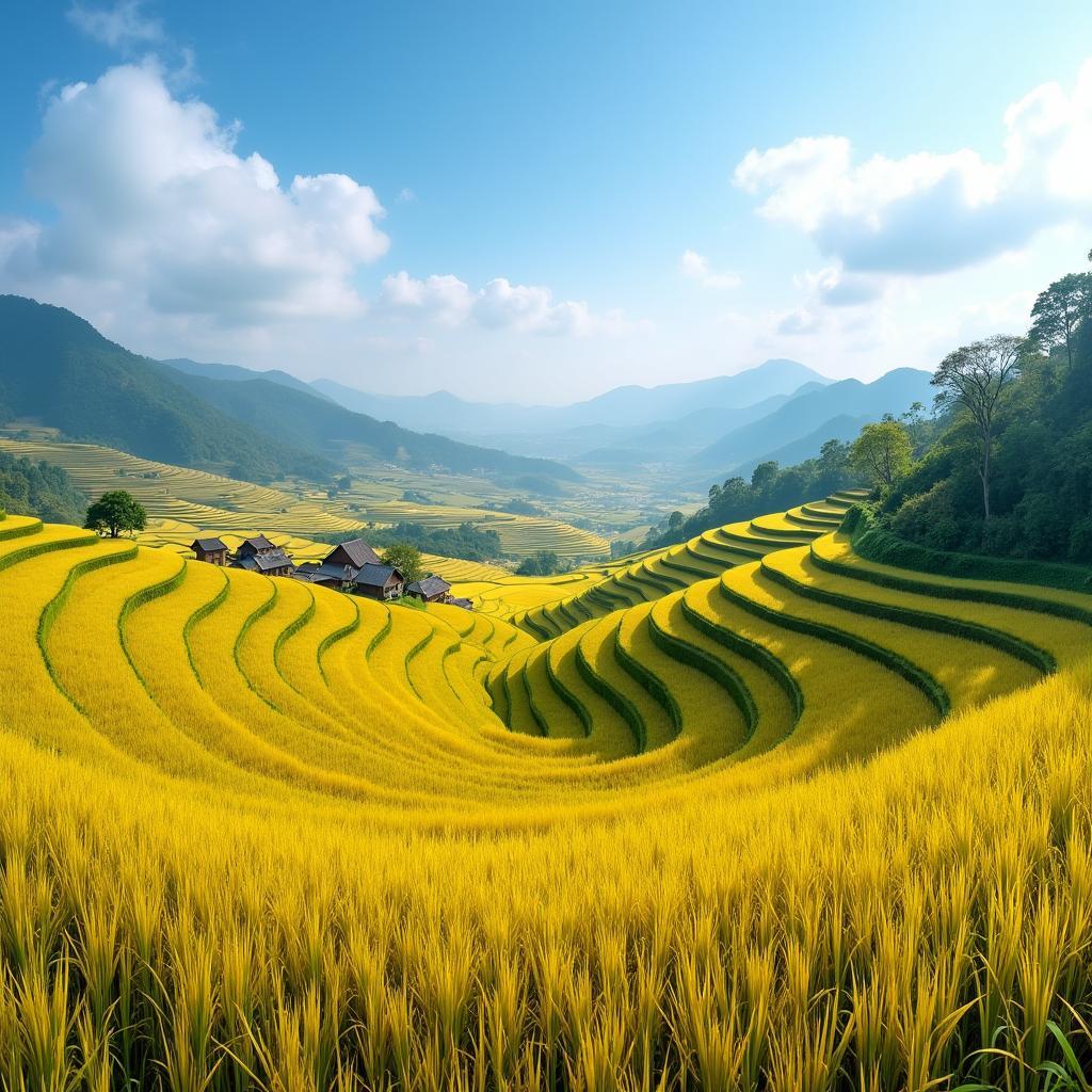 Ruộng bậc thang uốn lượn tại xã Thành Long, Tuyên Quang vào mùa lúa chín vàng rực rỡ