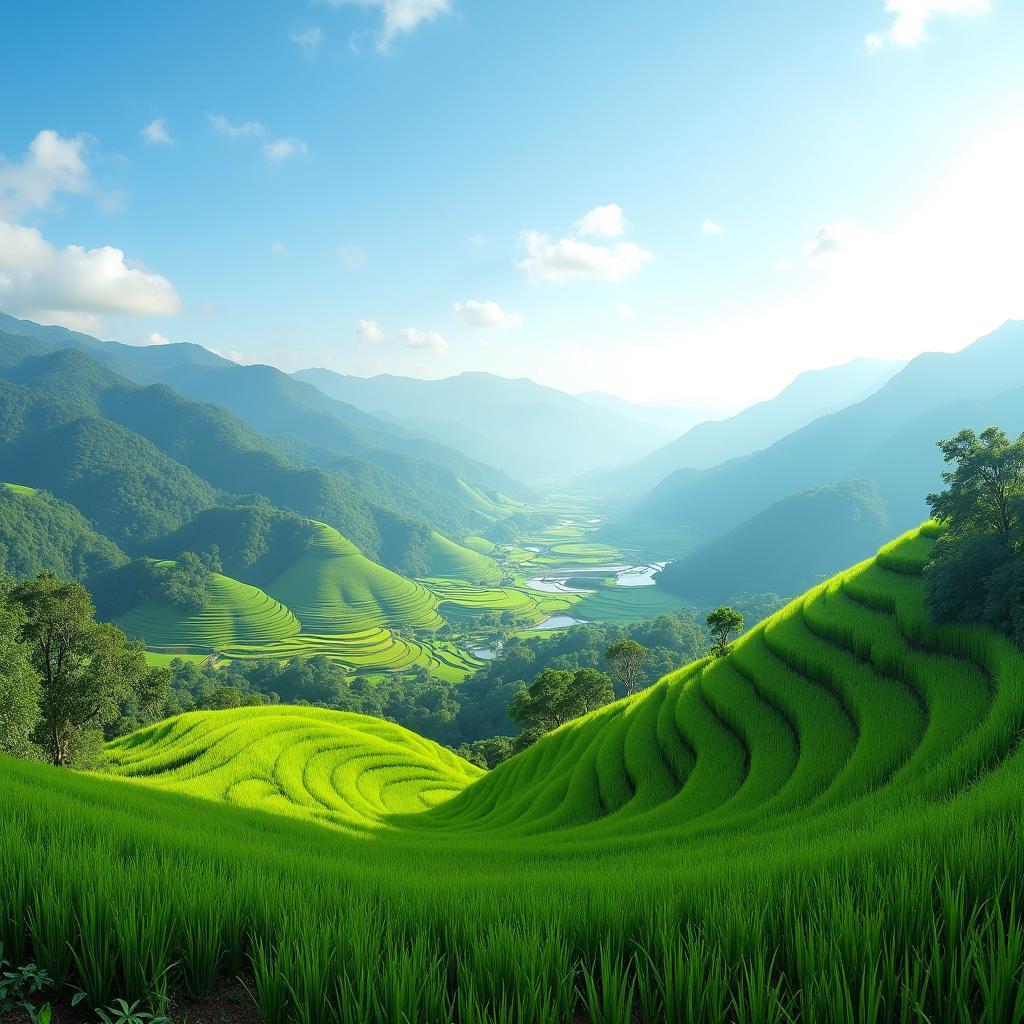 Toàn cảnh vẻ đẹp thiên nhiên hoang sơ yên bình của xã Thanh Thịnh với đồi núi và ruộng bậc thang xanh mướt.