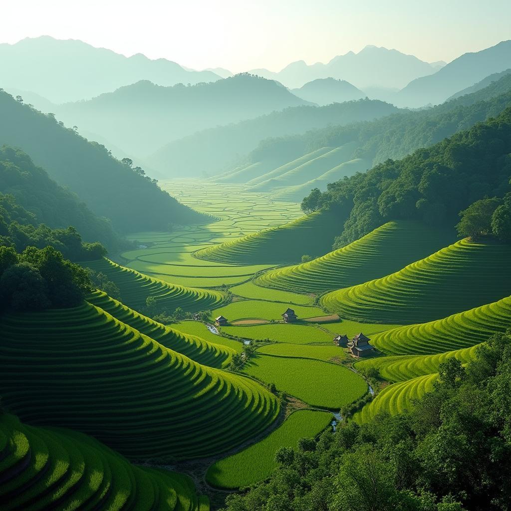 Toàn cảnh vẻ đẹp tự nhiên hoang sơ của Xã Trung Hòa với núi đồi trùng điệp và thung lũng xanh mát