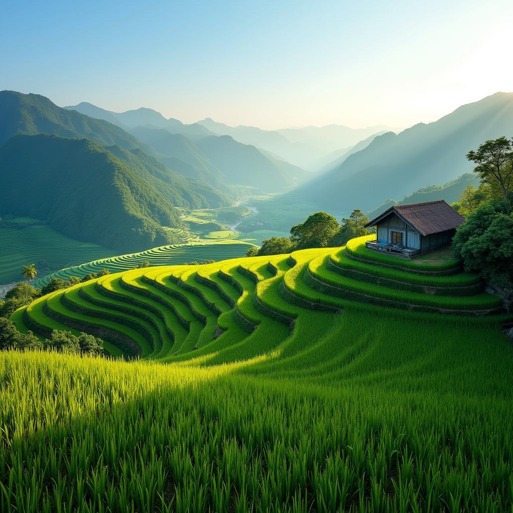 Khung cảnh bình yên của xã Xuân Đài, tỉnh Phú Thọ với ruộng bậc thang và nhà sàn