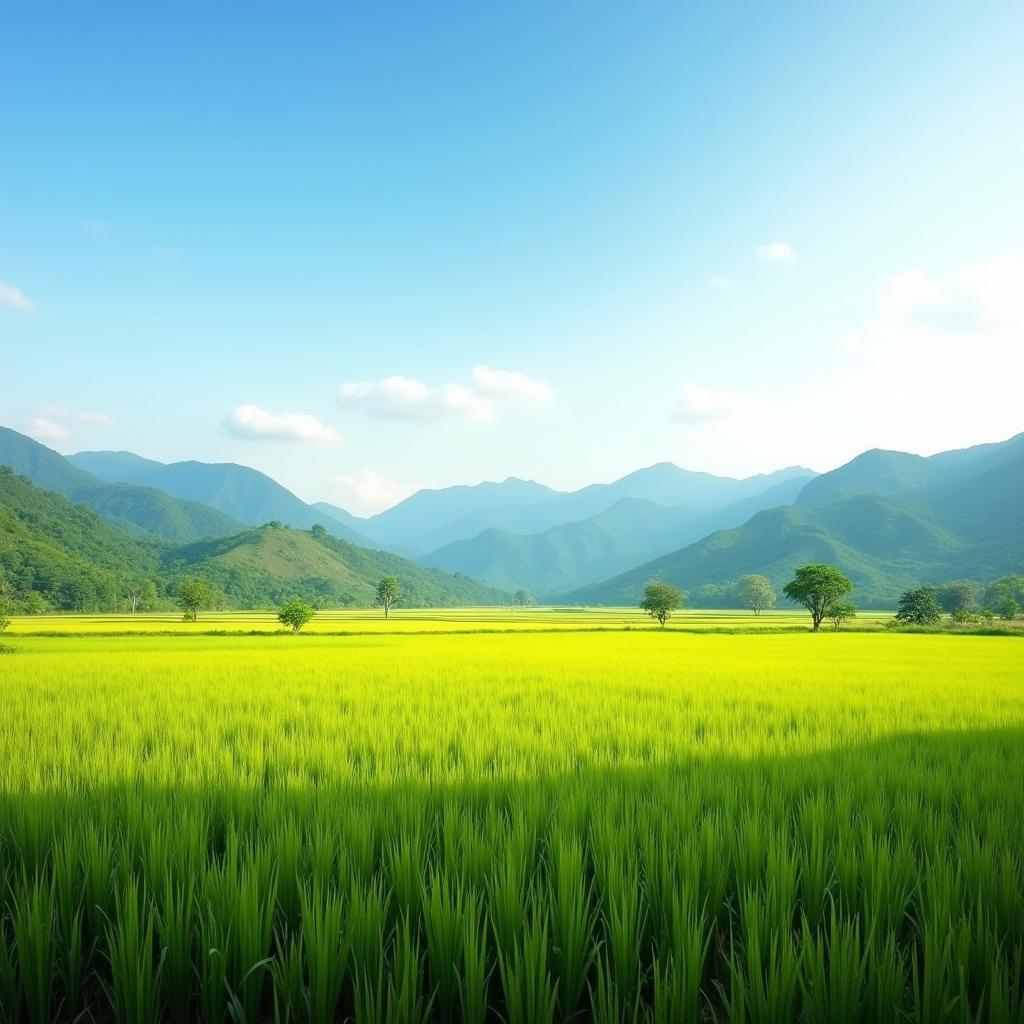 Toàn cảnh bức tranh thiên nhiên yên bình của Xã Yên Bình, Tỉnh Thái Nguyên với đồng lúa và đồi núi xanh mướt.