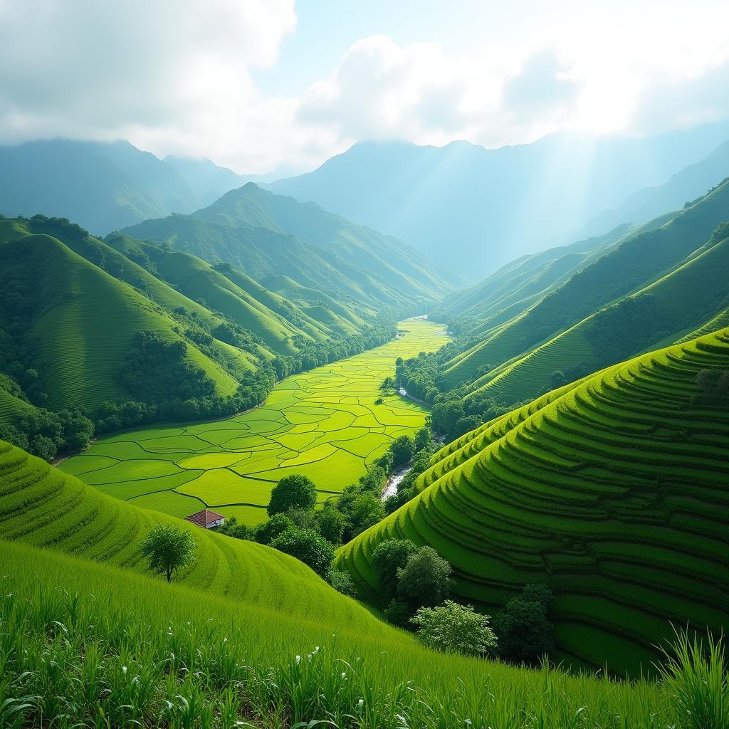 Bức tranh thiên nhiên yên bình tại xã Kim Bôi, tỉnh Phú Thọ với những thửa ruộng bậc thang xanh mướt và núi đồi trập trùng.