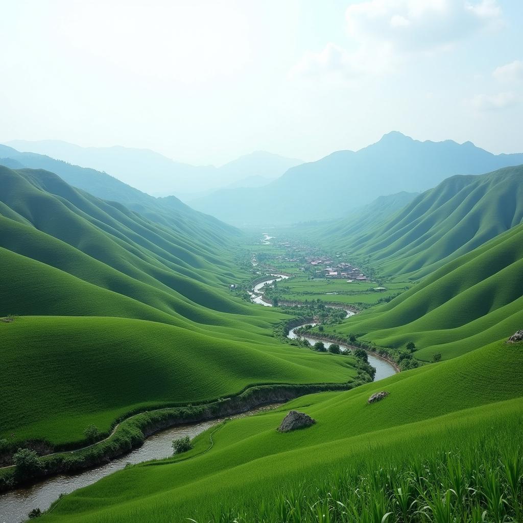 Canh quan yen binh cua xa Tho Binh, Tuyen Quang voi nui doi va dong suoi.